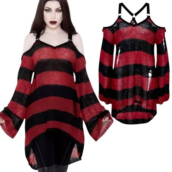 KILLSTAR Sweater Dress Sz.S  Red Black Knit Distressed Bell Sleeve Goth Punk - Picture 1 of 15